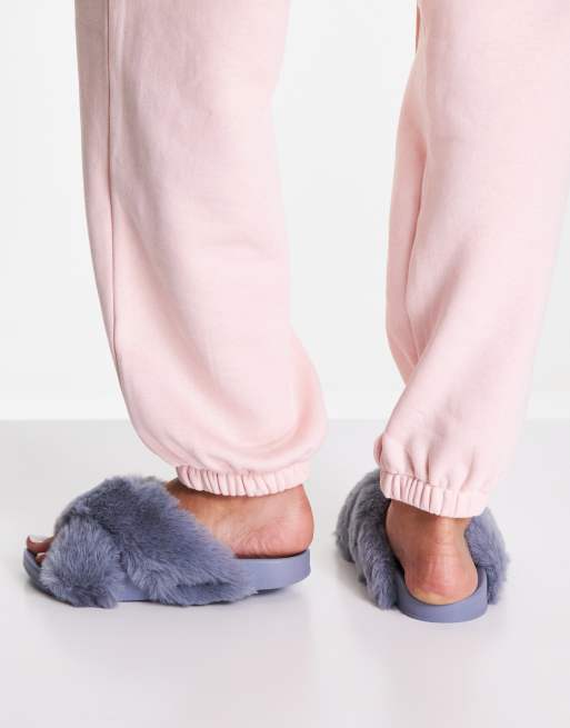 ASOS DESIGN Fiona fluffy crossover sliders in dusty blue