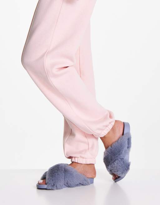 ASOS DESIGN Fiona fluffy crossover sliders in dusty blue