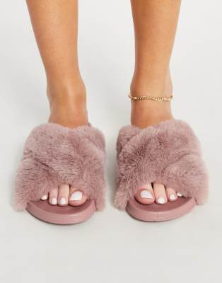 ASOS DESIGN Fiona fluffy crossover sliders in dusty pink | ASOS