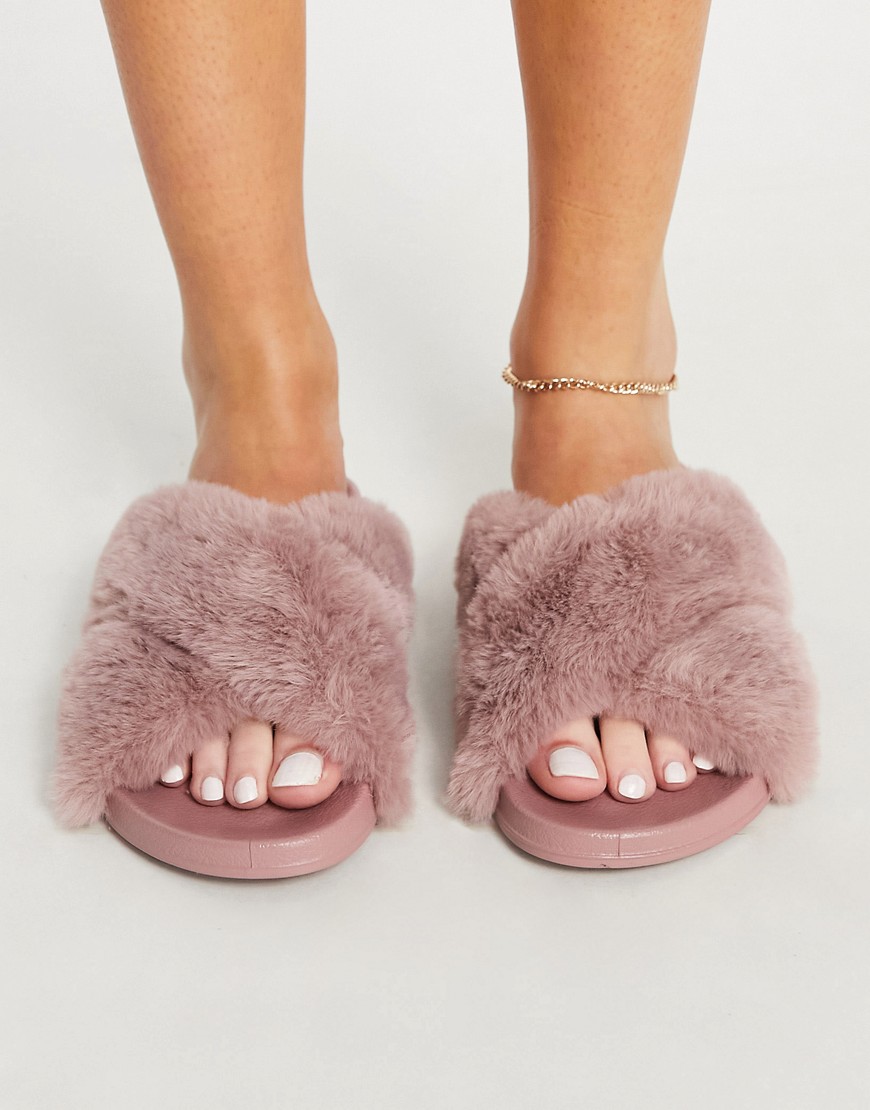 ASOS DESIGN Fiona fluffy crossover sliders in dusty pink
