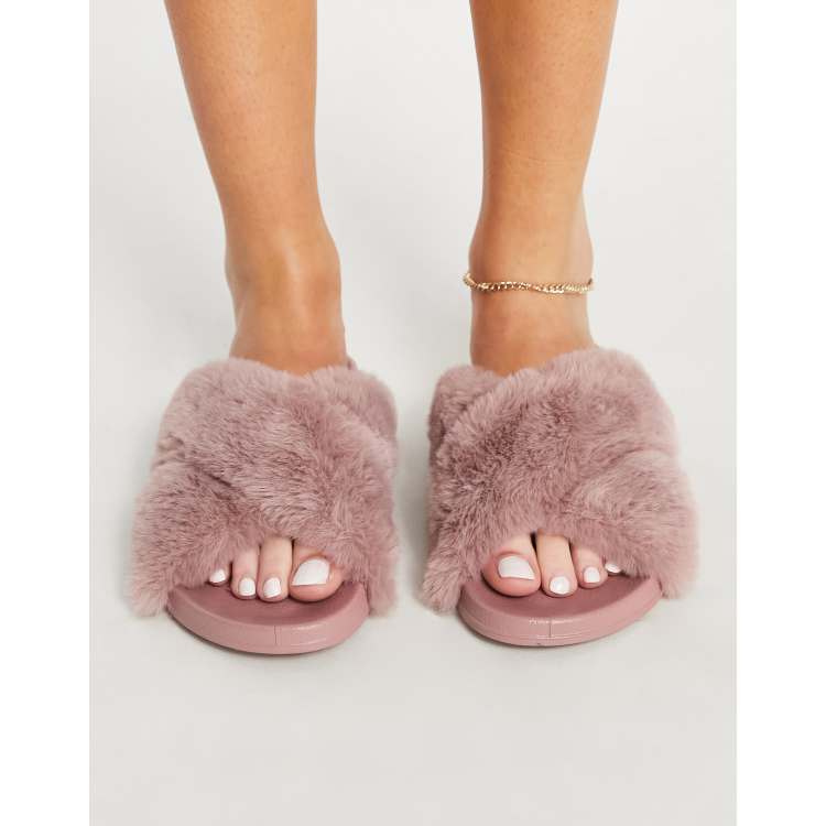 ASOS DESIGN Fiona fluffy crossover sliders in dusty pink