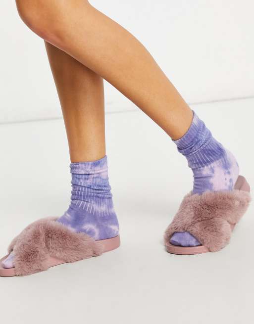 ASOS DESIGN Fiona fluffy crossover sliders in dusty pink