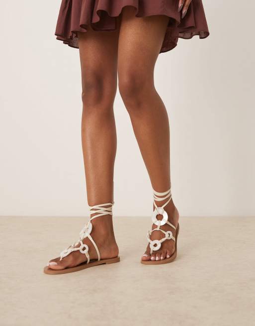 ASOS DESIGN Fiona trim tie leg flat sandals in white