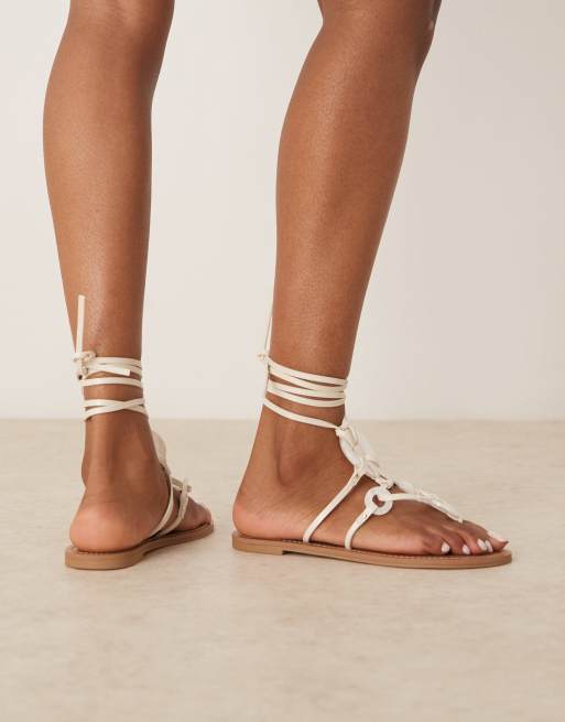 ASOS DESIGN Fiona trim tie leg flat sandals in white