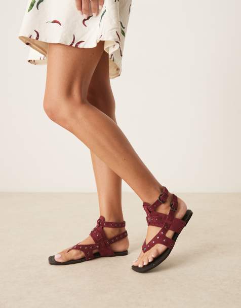 ASOS DESIGN – Fiorella – Bordowe płaskie sandały rzymianki - view 1