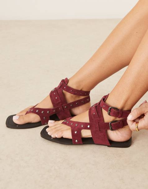 ASOS DESIGN Fiorella gladiator flat sandals in burgundy - view 1