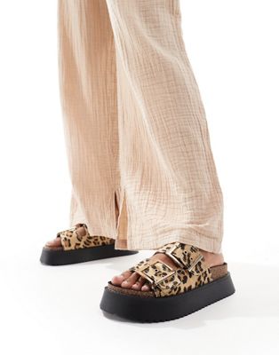 Asos Design Firecracker Double Strap Footbed Flat Sandals In Leopard-multi In Animal Print