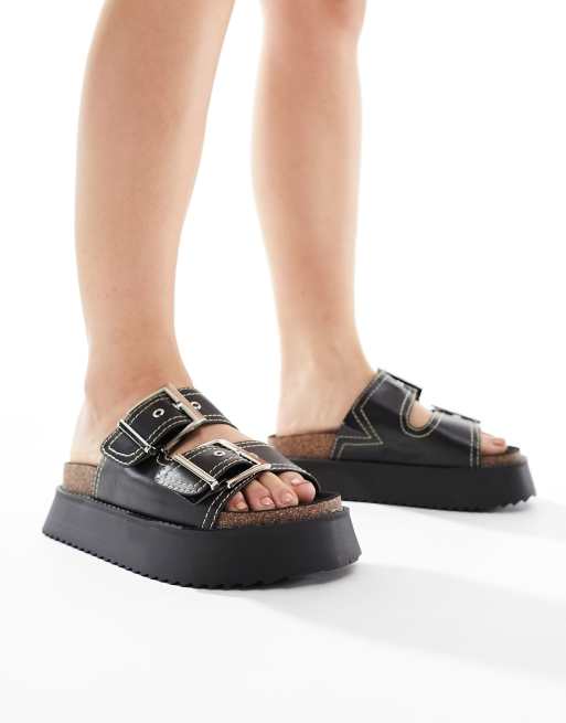 ASOS DESIGN - Firecracker - Sandali bassi neri con fascette doppie, plantare e pianta larga, 4 di 4