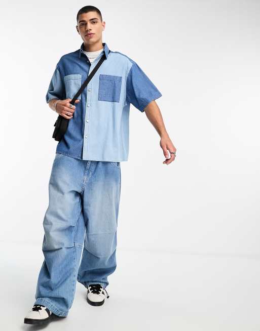 ASOS DESIGN - Firkantet oversized denimskjorte med farveblok i blå vask, 3 af 4