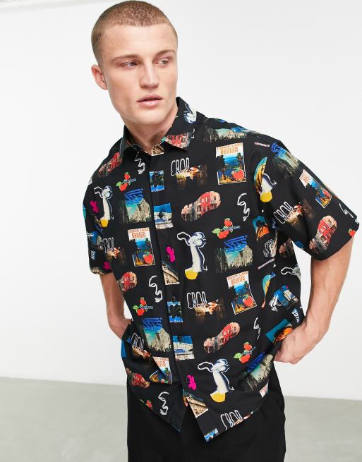 ASOS DESIGN - Firkantet oversized skjorte i sort med fotografisk print