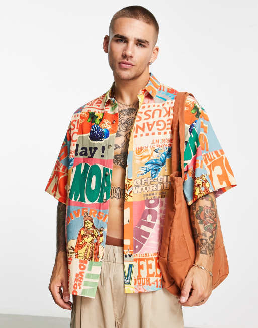 ASOS DESIGN - Firkantet oversized skjorte med hørlook og postkortprint