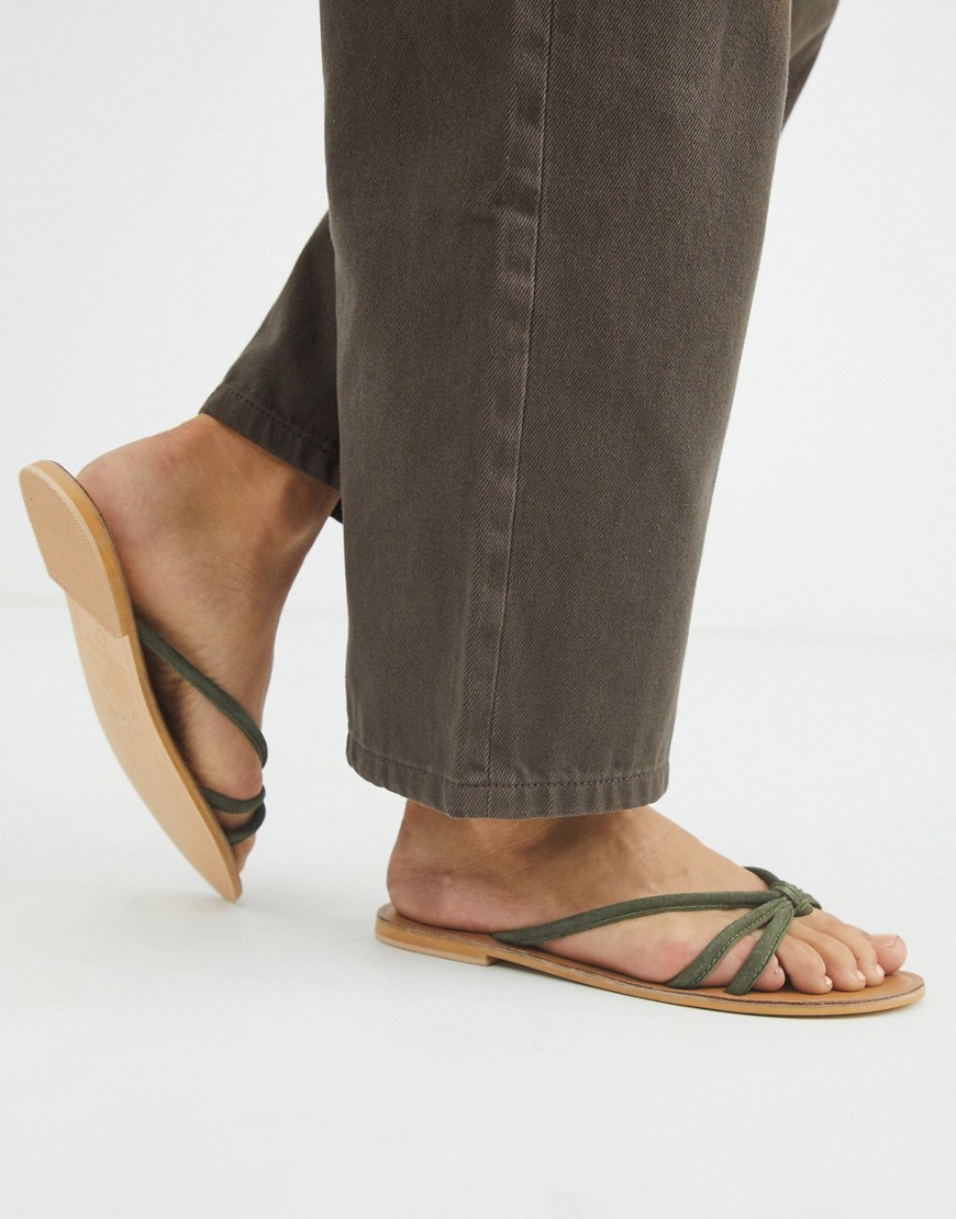 ASOS DESIGN First Class knotted suede toe post sandal in khaki-Green