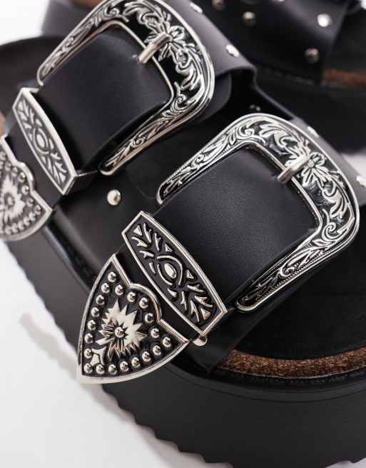 ASOS DESIGN First class Sandales a semelle interieure moulee et double bride style western Noir ASOS
