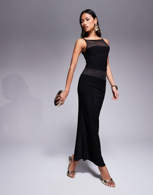 ASOS DESIGN fish maxi skirt with mesh panel in slinky black - part of a set