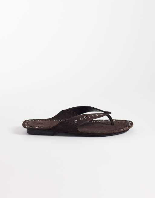 ASOS DESIGN Fisher premium grommet flip flop sandals in chocolate suede, 2 of 4
