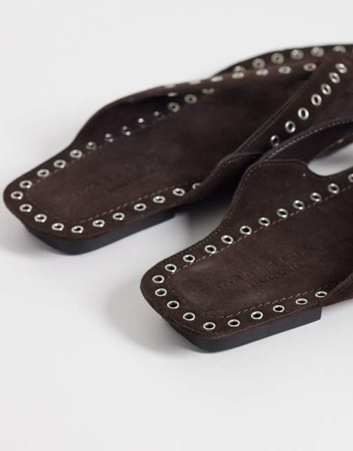 ASOS DESIGN Fisher premium grommet flip flop sandals in chocolate suede, 3 of 4