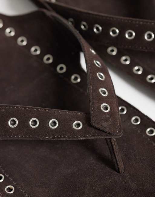 ASOS DESIGN Fisher premium grommet flip flop sandals in chocolate suede, 4 of 4