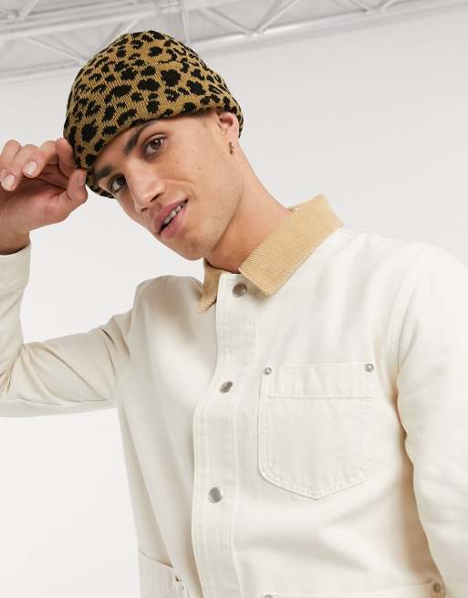 ASOS DESIGN fisherman beanie in brown leopard print