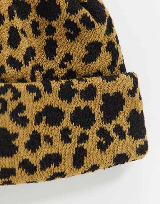 ASOS DESIGN fisherman beanie in brown leopard print