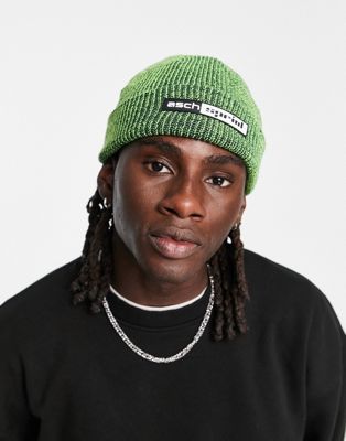 ASOS DESIGN fisherman ribbed beanie in neon and black twist with rubber patch