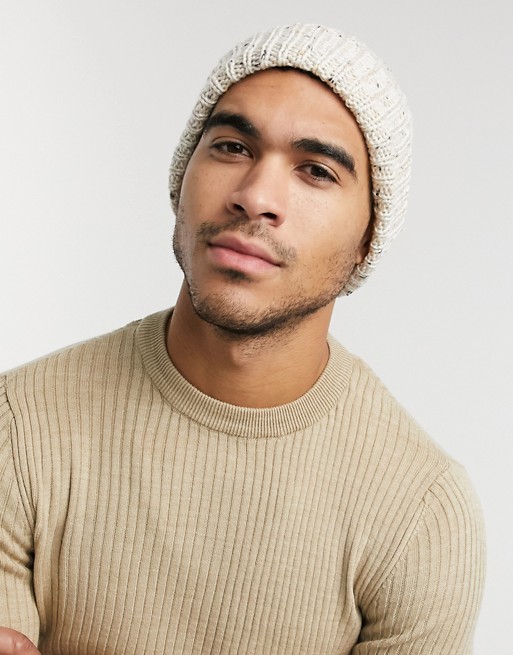 ASOS DESIGN fisherman beanie in oatmeal nepp with cable detail