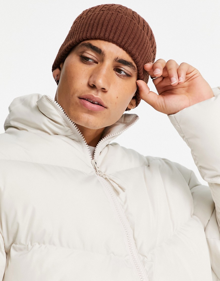 ASOS DESIGN fisherman beanie with cable knit in brown