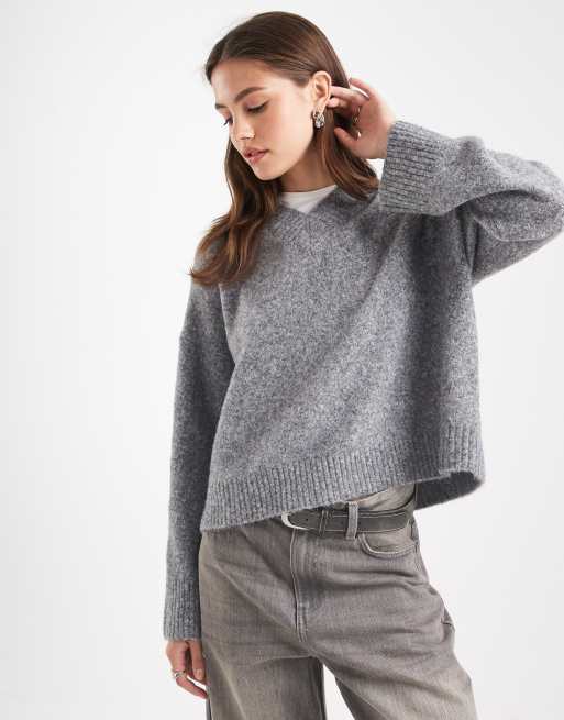 ASOS DESIGN fisherman mixed rib knit v neck sweater in gray 
