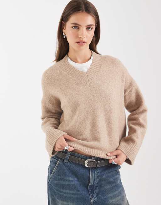 ASOS DESIGN fisherman mixed rib V-neck sweater in oatmeal 