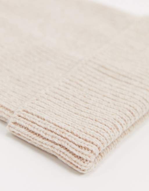 ASOS DESIGN fisherman rib beanie hat in polyester in beige, 4 of 4