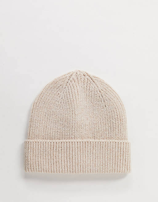 asos.com | ASOS DESIGN fisherman rib beanie hat in recycled polyester in beige