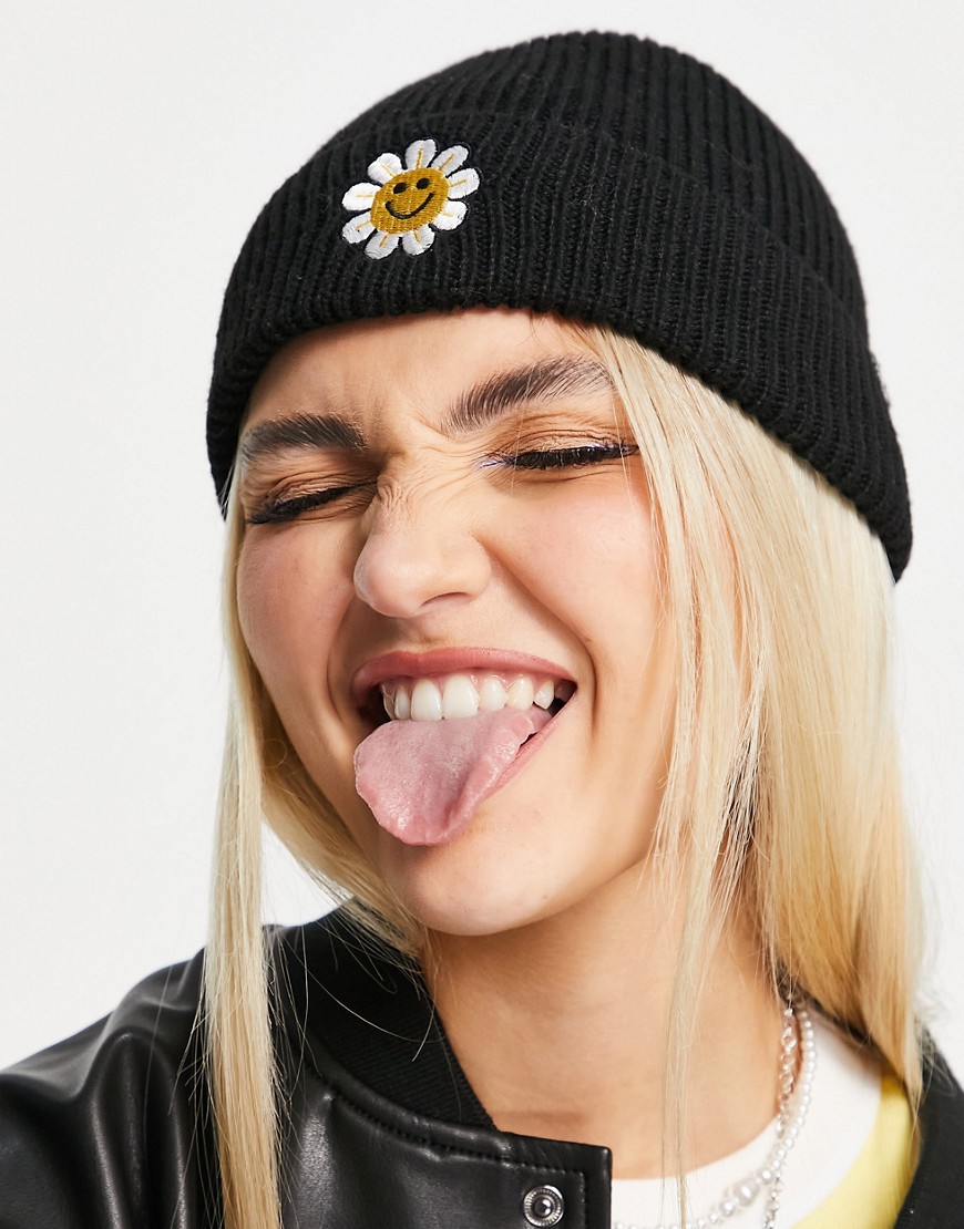 Asos Design Fisherman Rib Beanie With Happy Daisy Embroidery In Black
