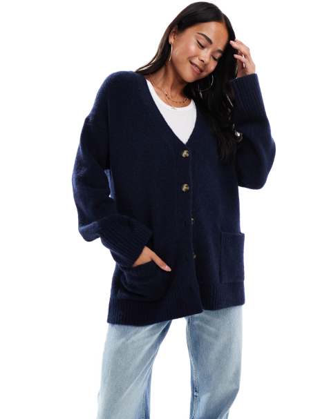 ASOS DESIGN fisherman rib boyfriend cardigan in navy - view 1