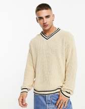 ASOS DESIGN cable knit cricket jumper in off white and navy