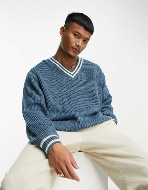 ASOS DESIGN fisherman rib cricket jumper in blue | ASOS