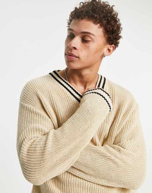 ASOS DESIGN fisherman rib cricket sweater in beige | ASOS