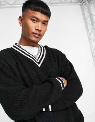 ASOS DESIGN fisherman rib cricket sweater in black