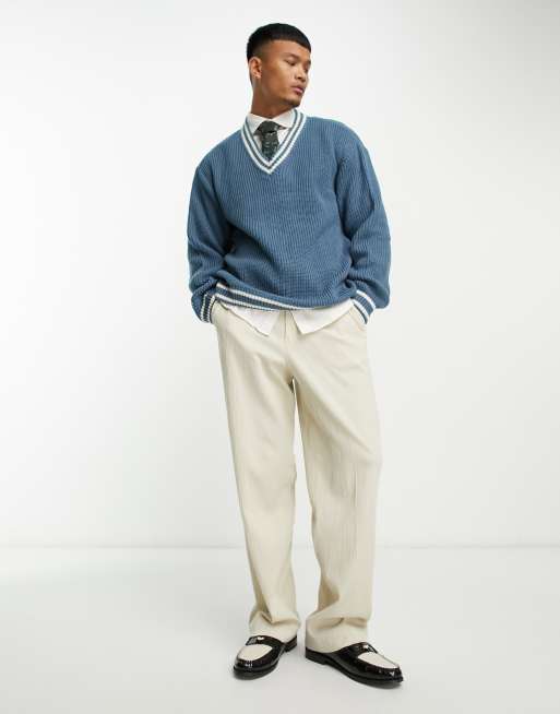 ASOS DESIGN fisherman rib cricket sweater in blue