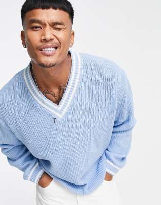 Asos Design Fisherman Rib Cricket Sweater In Blue ModeSens