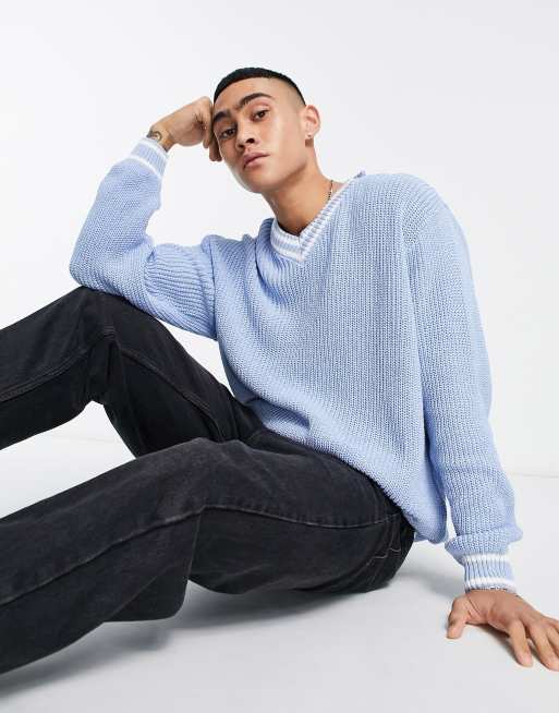 ASOS DESIGN fisherman rib cricket sweater in light blue