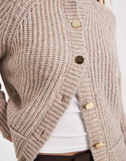 ASOS DESIGN fisherman rib knit cardigan with raglan detail in oatmeal