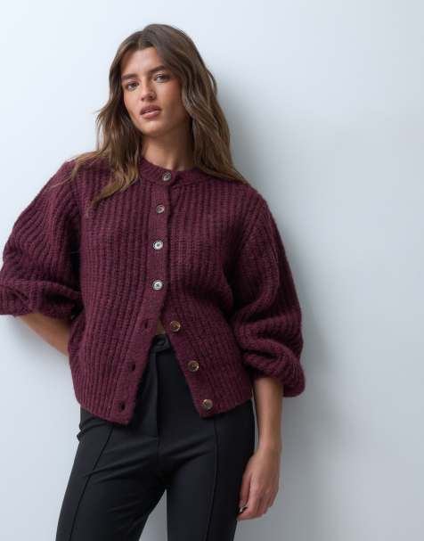 ASOS DESIGN fisherman rib waisted cardigan with wool in burgundy - view 1