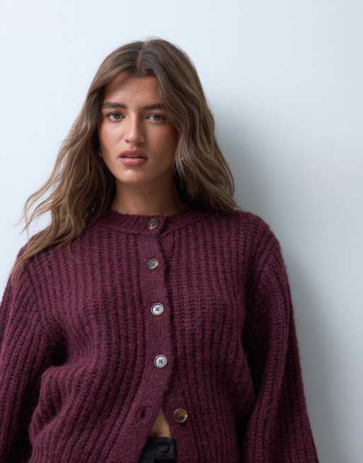 ASOS DESIGN fisherman rib waisted cardigan with wool in burgundy, 2 of 4