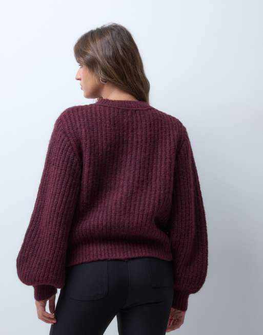 ASOS DESIGN fisherman rib waisted cardigan with wool in burgundy, 4 of 4