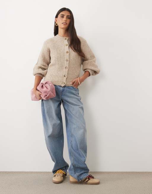 ASOS DESIGN fisherman rib waisted cardigan with wool in oatmeal, 2 of 4