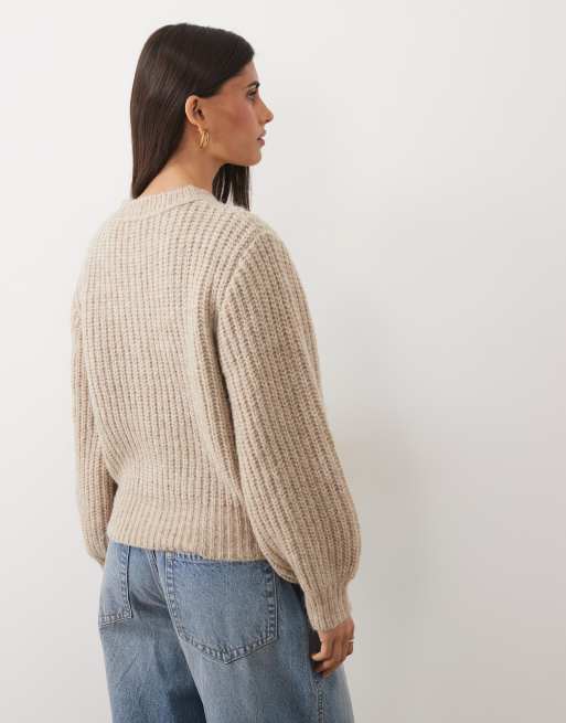 ASOS DESIGN fisherman rib waisted cardigan with wool in oatmeal, 3 of 4