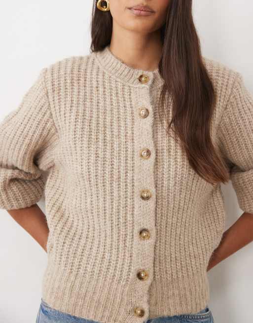 ASOS DESIGN fisherman rib waisted cardigan with wool in oatmeal, 4 of 4