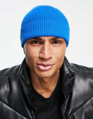 ASOS DESIGN fisherman ribbed beanie in blue - ASOS Price Checker