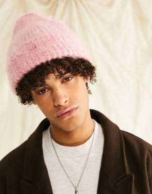 ASOS DESIGN fisherman ribbed beanie in fluffy pink yarn - ASOS Price Checker