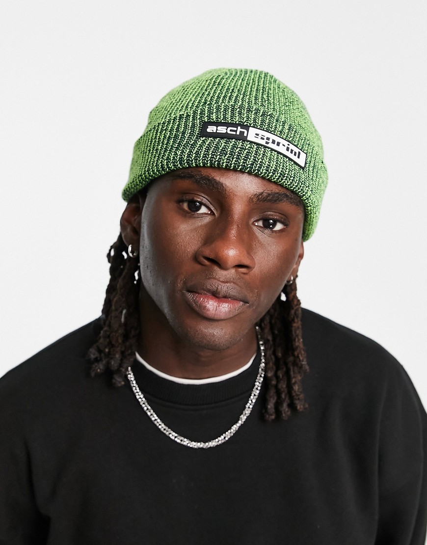 fisherman ribbed beanie in neon and black twist with rubber patch-Multi
