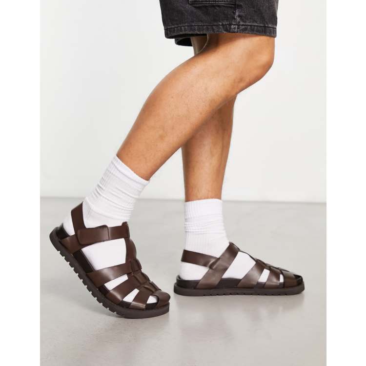 ASOS DESIGN fisherman sandals in brown leather on chunky sole